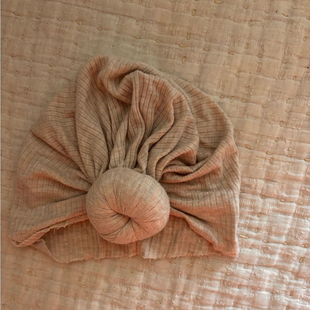 Beige Ribbed Turban Top Knot Baby Hat